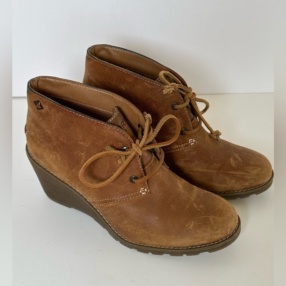 Sperry Top Slider Distressed Brown Leather Lace up Wedge Heel Ankle Boots Sz 7.5